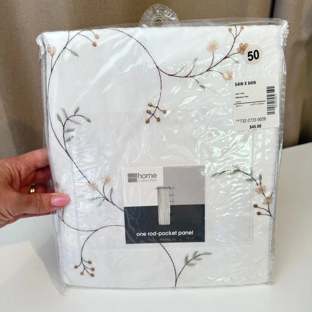 JCPenney Home Bellissima Ivory Floral Embroidered Rod Pocket Curtain Panel 54x84